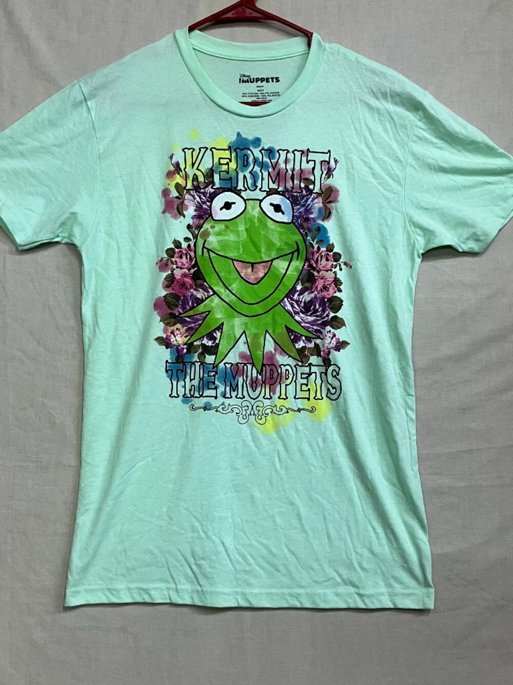 Disney The Muppets Kermit T-Shirt Women XS Green Graphic Tee Floral Cotton Blend